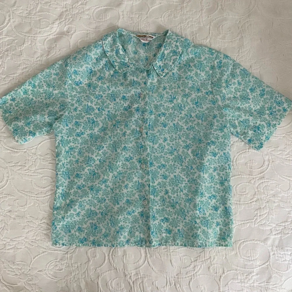 Vintage 1960s Cotton Shirt Short Sleeve Castle Floral Print Hong Kong - Picture 3 of 15